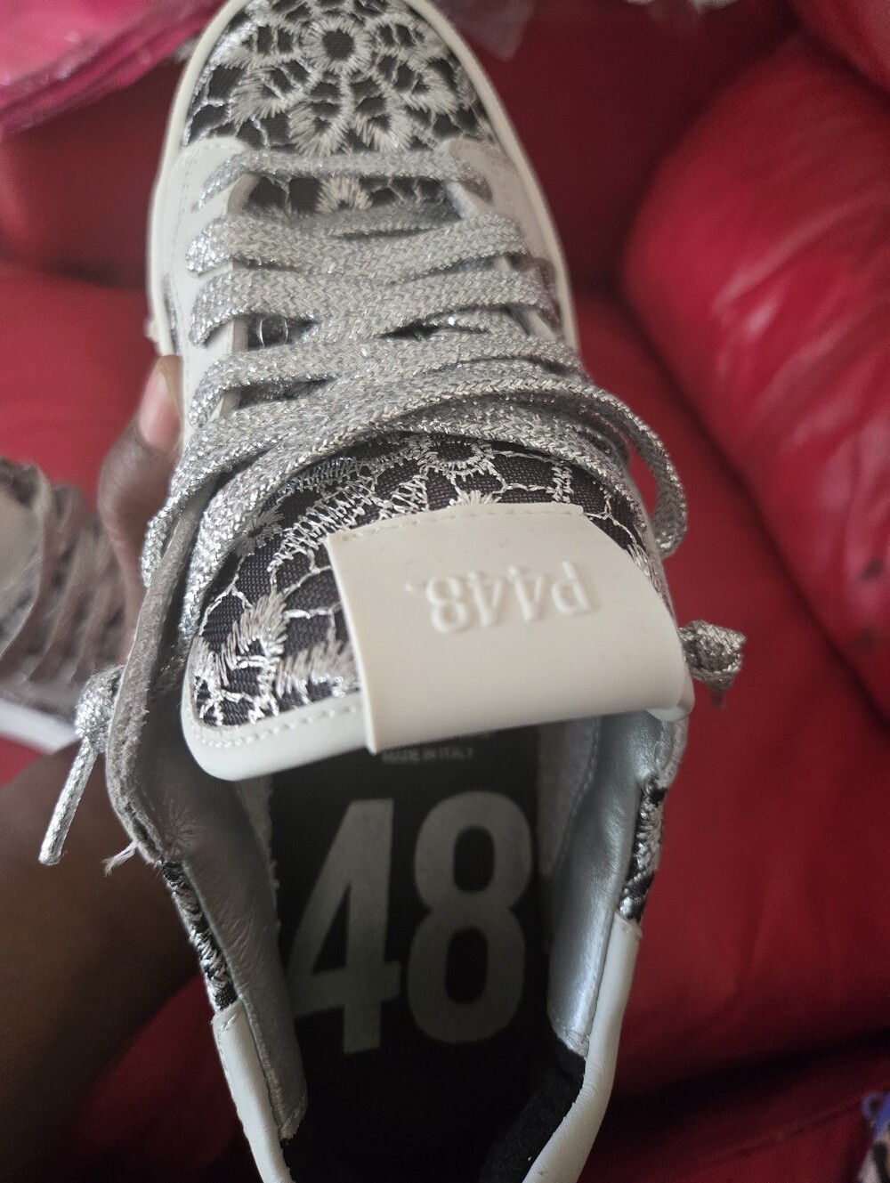 P448 White Sneakers with Silver Lace-Pattern Accents - Picture 2 of 5